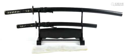 (lot of 4) Japanese style katana, wakizashi, black laquered wooden katana stand, a silk pouch,