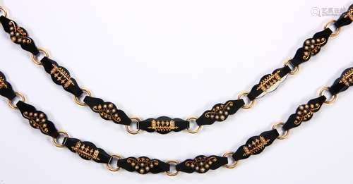 Pair of Victorian black onyx, seed pearl and 14k yellow gold necklaces Comprised of 2) necklaces,