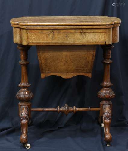 Victorian games and sewing table, having an inlaid floral decorated top opening to the playing