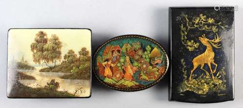 (lot of 3) Russian lacquered paper mache box group, each hand-painted depicting a deer, a