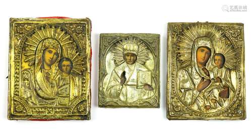 (lot of 3) Russian icon group, each having a brass oklad, consisting of two depicting the Mother