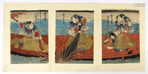 Utagawa Toyokuni III (Japanese, 1786-1865), woodblock prints 19th century, triptych depicting