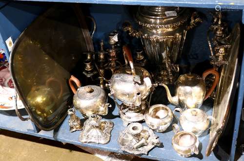 (lot of 12) Silver plate table articles, including an English (6) piece silver plate beverage set,