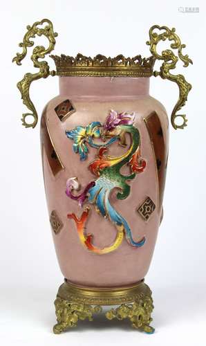 Continental style bronze mounted vase, the shouldered form having a pink ground with floral