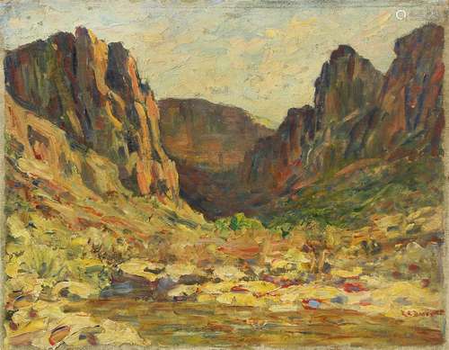 Roy Elliott (RE) Bates (American, 1882-1920), Canyon Vista, oil on canvas board, signed lower right,