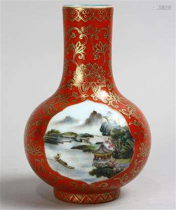 Chinese enameled porcelain vase, with a stickneck and the globular body with two riverside landscape