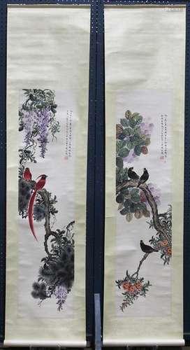 (lot of 4) Manner of Yan Bolong (Chinese,1896-1955), Birds-and-Flowers, ink and color on paper,