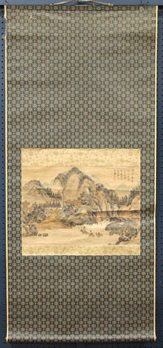 Japanese scroll, ink and colors on paper, depicting a landscape with houses and figures, some on