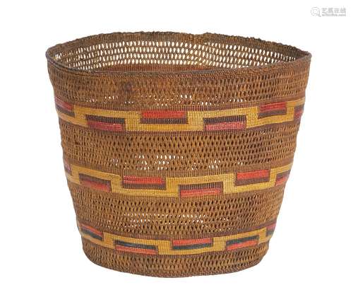 Native American Tlingit spruce root twined basket, Southeast Alaska, having bold geometric designs