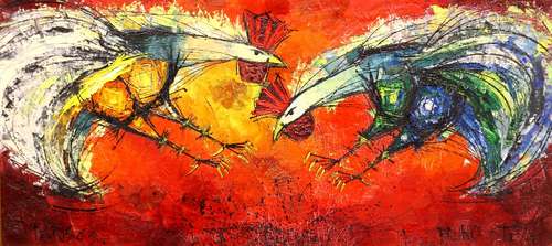 Bruno Stern Zupan (French, b. 1939), Untitled (Two Roosters), 1963, oil on canvas, signed and