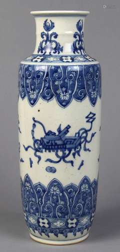 Chinese underglaze blue porcelain vase, of rouleau form with scholar's items framed by lappet bands,