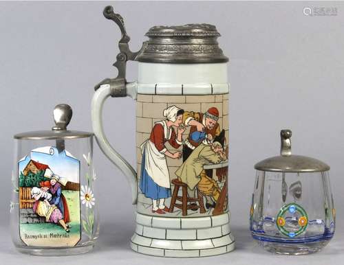 (lot 3) German stein group, consisting of (2) glass example in the Moser style with polychrome