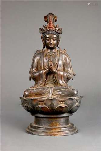 Chinese gilt lacquered bronze Buddhist sculpture, the bodhisattva dressed in princely raiments,