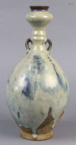 Chinese Jun-type glazed ceramic bottle, with a splayed mouth and garlic head above a ribbed neck