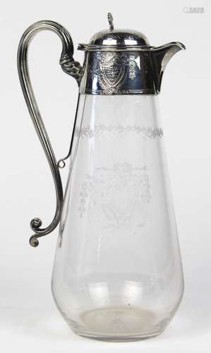 English Sheffield sterling silver and etched glass commemorative ewer, 1884, the hinged lid with