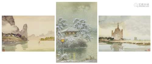 (lot of 3) Japanese watercolor of snowy scene; together with two watercolors, sealed, marked