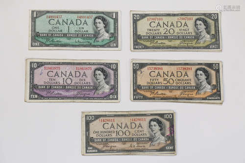 (lot of 42) Canadian notes, including some devil face notes, all 1954 Ottawa, consisting of (11) 100