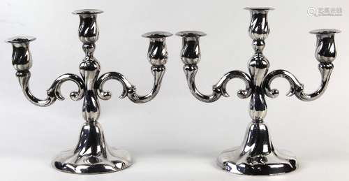 Pair of German .835 silver Art Nouveau weighted candlesticks, each with three lights and