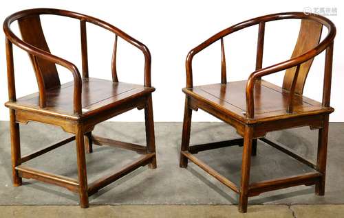 Pair of Chinese horseshoe back armchairs, with a contoured back splat with stiles joined to the