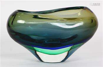 Silvano Signoretto Murano glass vase, having an organic form in cased blue and green glass, 8