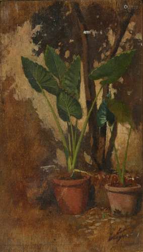 Silvestro Lega (Italian, 1826-1895), Untitled (Courtyard with Potted Palms), oil on panel, signed