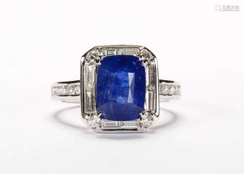 Sapphire, diamond and 14k white gold ring Featuring (1) rectangular cushion-cut sapphire, weighing