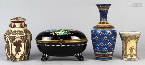 (lot of 4) Mettlach and enamel group, comprising (2) Mettlach style, beaker, and lidded urn, a