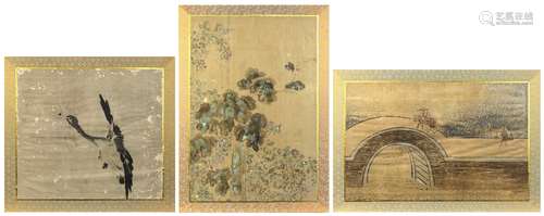 (lot of 3) Japanese ink and colors on silk, matted fragments from 18th-19th century byobu screen,