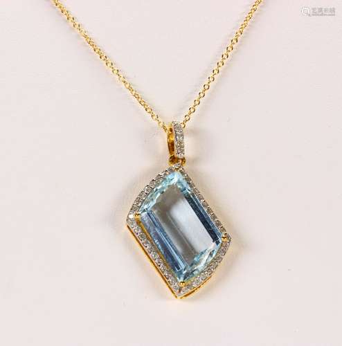 Aquamarine, diamond and 18k yellow gold pendant Centering (1) fancy-cut aquamarine, weighing