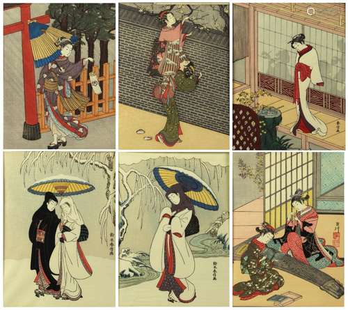 (lot of 6) Suzuki Harunobu (Japanese 1725-1770), six of the most well-known of his woodblock prints,