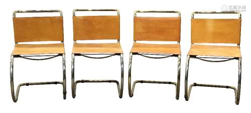 (lot of 4) Knoll MR style side chairs, having a sling leather back and seat above the tubular