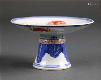 Chinese porcelain footed dish, with four dragon roundels in red encircling a jewel at the center,