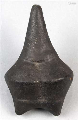 Pre-Columbian Chimu blackware bipartie rattle, with conical form handle, (repair), 4.5