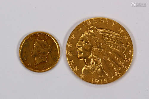 (lot of 2) 1915 $5 dollar gold Indian Head half eagle, 1853 type I gold dollar