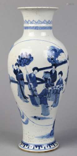 Chinese underglaze blue porcelain vase, with a short trumpet neck above a tapering ovoid body