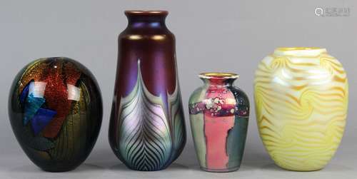 (lot of 4) Assorted art glass vases, comprising (2) iridescent examples, each with a pulled motif,