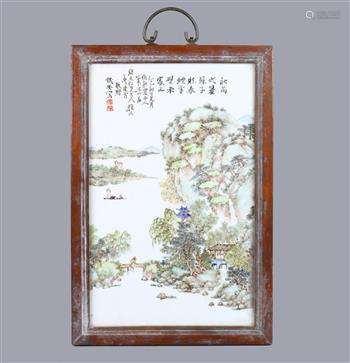 Chinese enameled porcelain plaque, painted with a riverside landscape with figures and pavillions,