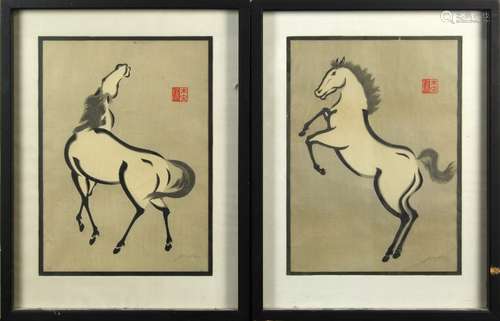 (lot of 2) Urushibara Mokuchu (Japanese, 1888-1953), woodblock prints, each depicting a horse,