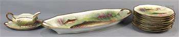 (lot of 11) French Flambeau Limoges porcelain fish service, hand-painted depicting trout if fine