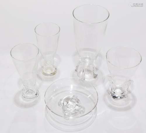 (lot of 5) Steuben glass group, consisting of four vases in various sizes, together with a footed