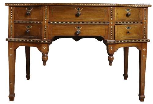 Federal style Phillipine mahogany sideboard, having an inlaid top above the six drawer case with