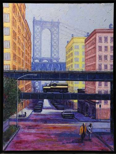 Marc Ferrero (French, b. 1963), Untitled (Street Scene with View of the Brooklyn Bridge), oil on