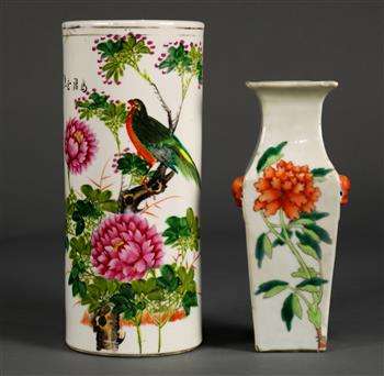 (lot of 2) Group of Chinese porcelain: the first, a square sectioned baluster vase with peonies