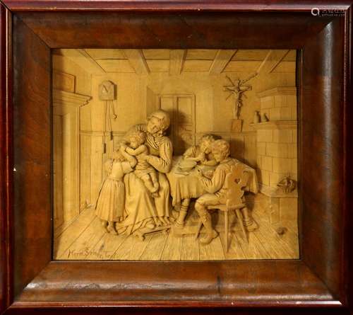 Hermann Steiner (Austrian, 1878-1963), Tirolian Family (Interior Scene), carved wood diorama (single