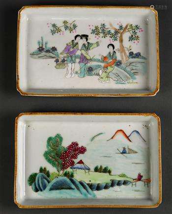 (lot of 2) Chinese porcelain trays, of rectangular form, one featuring three beauties in a garden