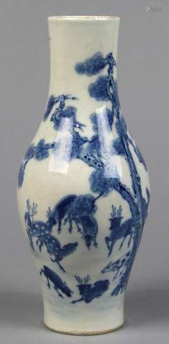 Chinese underglaze blue porcelain vase, the olive form body with a herd of deer and cranes amidst