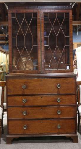 George III mahogany step back secretary, late 18th century, the uppercase having a molded top, above