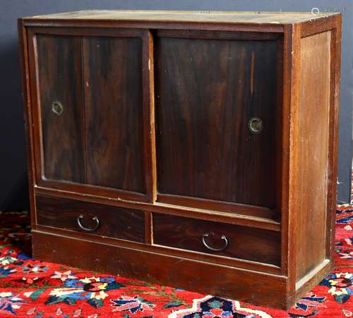 Japanese tansu chest, a sliding-door section above two drawers, 26