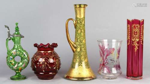 (lot of 5) Moser style glass group, each having enameled decoration, comprising (2) cranberry