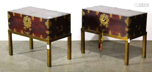 (lot of 2) Pair of Korean storage chests, reddish brown lacquered wood with brass fittings, handle